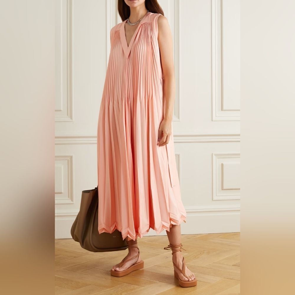 3.1 Phillip Lim 3-Tier Sleeveless V-neck Pleated Maxi Dress in Peach